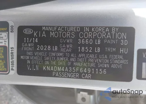 2015 Kia Rio Lx from USA, damaged, VIN KNADM4A35F6491156